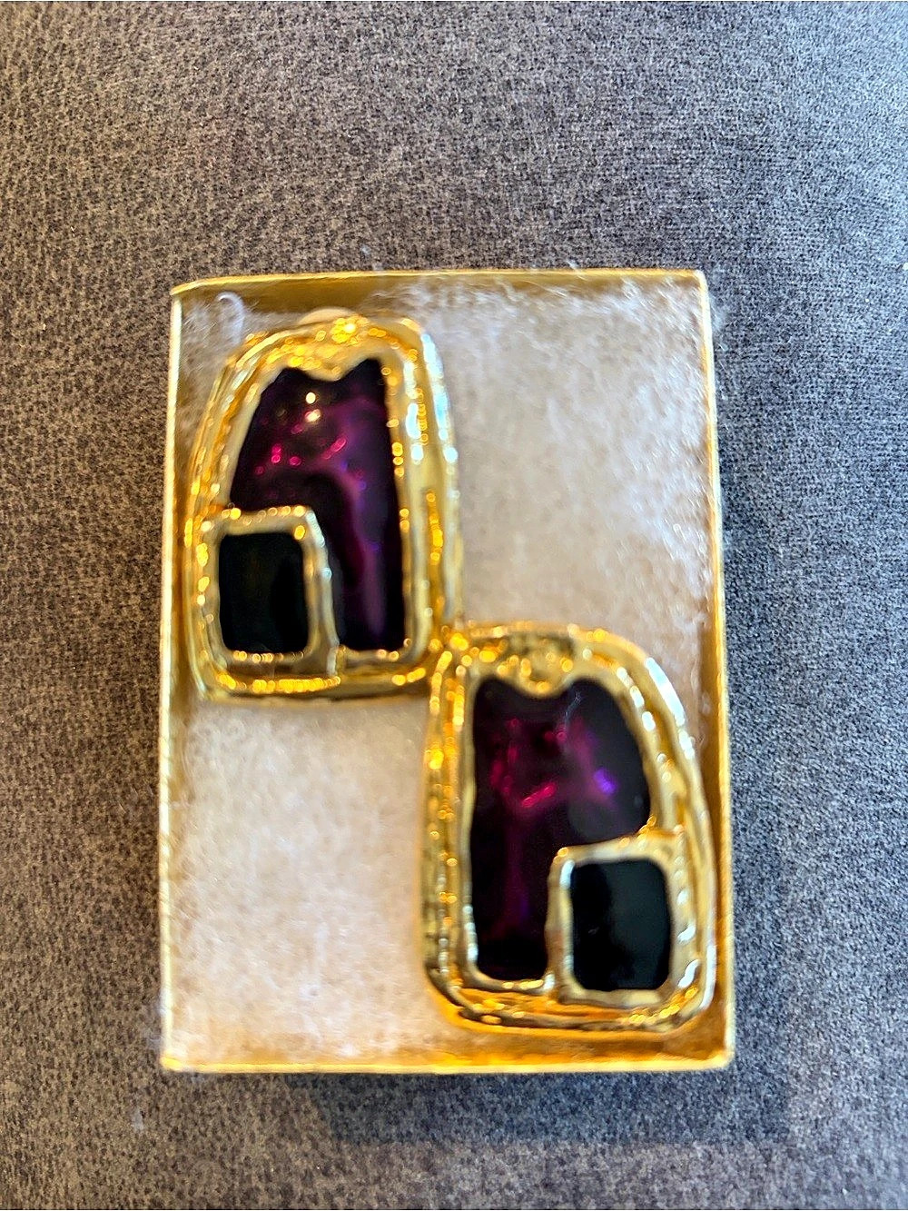 Vintage Gold-Tone Purple & Black Decorative Clip-On Earrings
